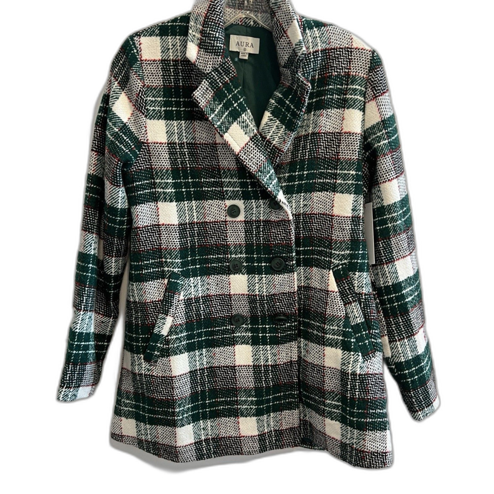 Aura Green Tartan plaid double-breasted peacoat jacket Women's Small Preppy Chic - Picture 2 of 10
